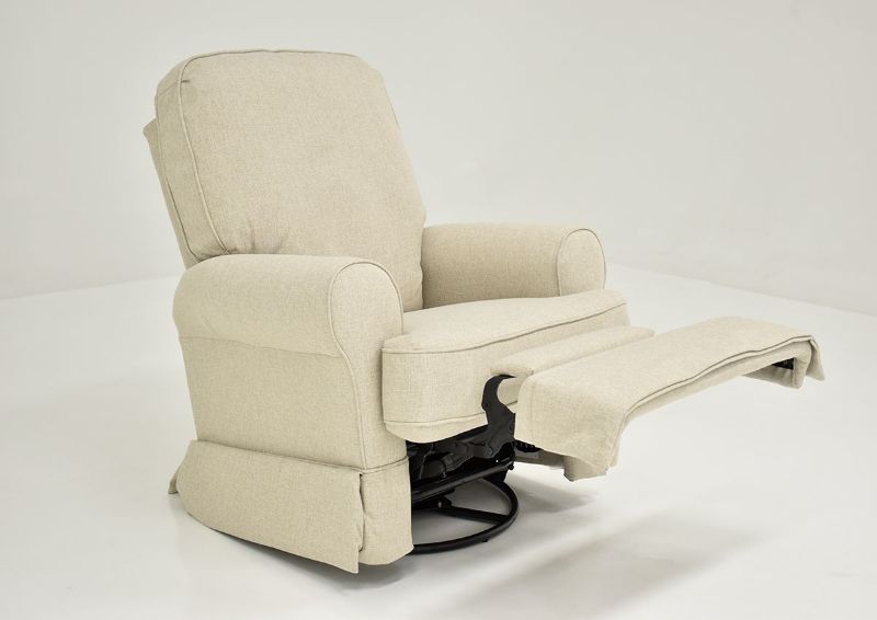 Off White Juliana Swivel Glider Recliner by Best Home Furnishings Showing the Angle View With the Chaise Open, Made in the USA | Home Furniture Plus Bedding
