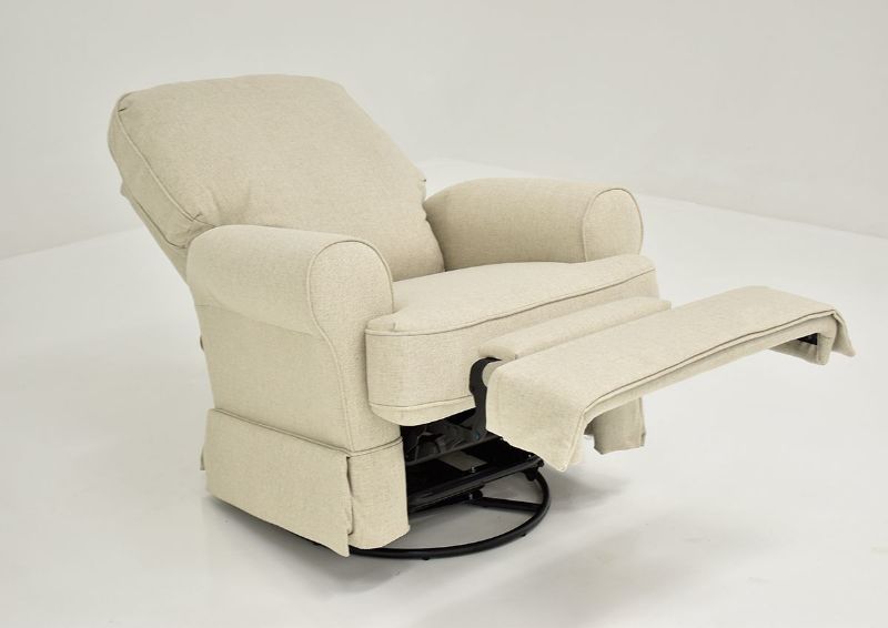 Off White Juliana Swivel Glider Recliner by Best Home Furnishings Showing the Angle View Fully Reclined, Made in the USA | Home Furniture Plus Bedding