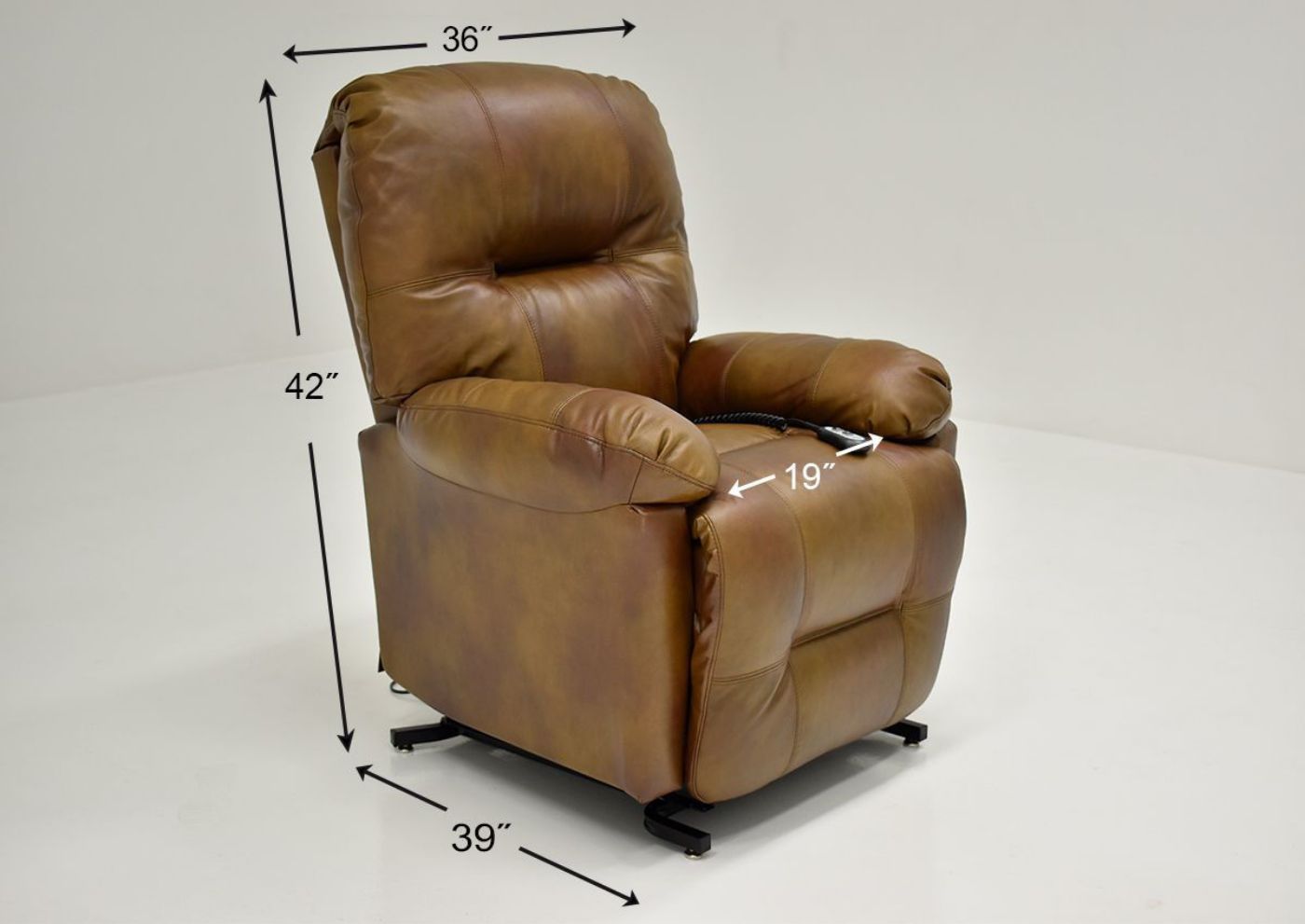 Soft Brown Zaynah POWER Lift Leather Recliner by Best Home Furnishings Showing the Dimensions, Made in the USA | Home Furniture Plus Bedding