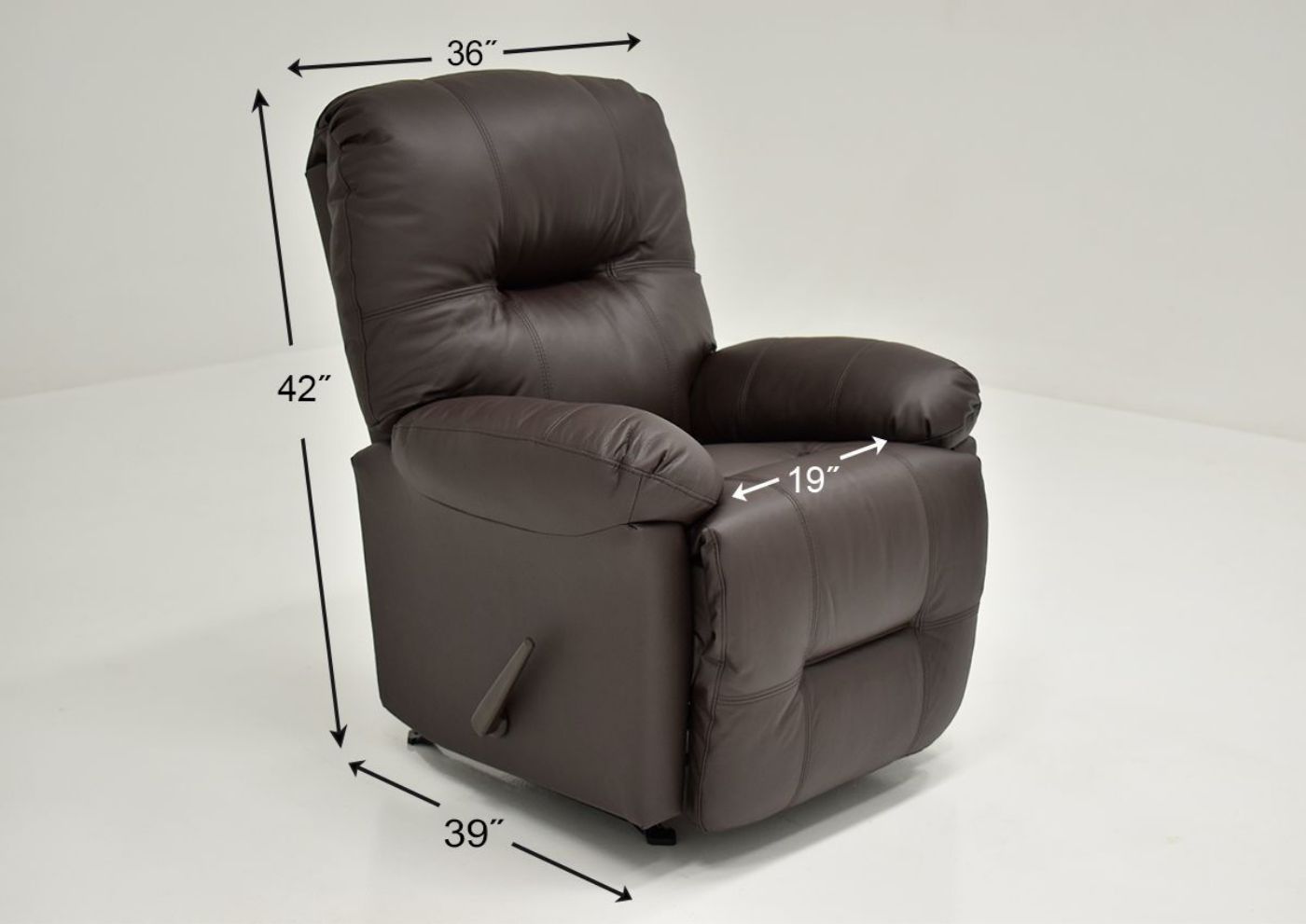 Dark Brown Zaynah Leather Rocker Recliner by Best Home Furnishings Showing the Dimensions, Made in the USA | Home Furniture Plus Bedding