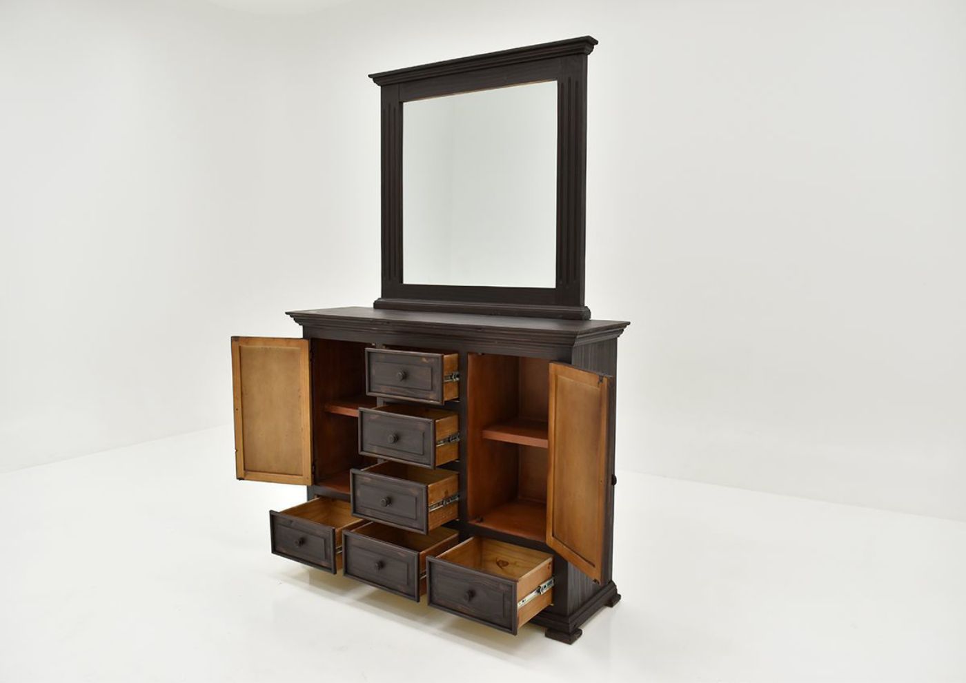 Dark Brown Chalet Dresser with Mirror Panel Bed by Vintage Furniture Showing the Angle View With Drawers and Doors Open | Home Furniture Plus Bedding