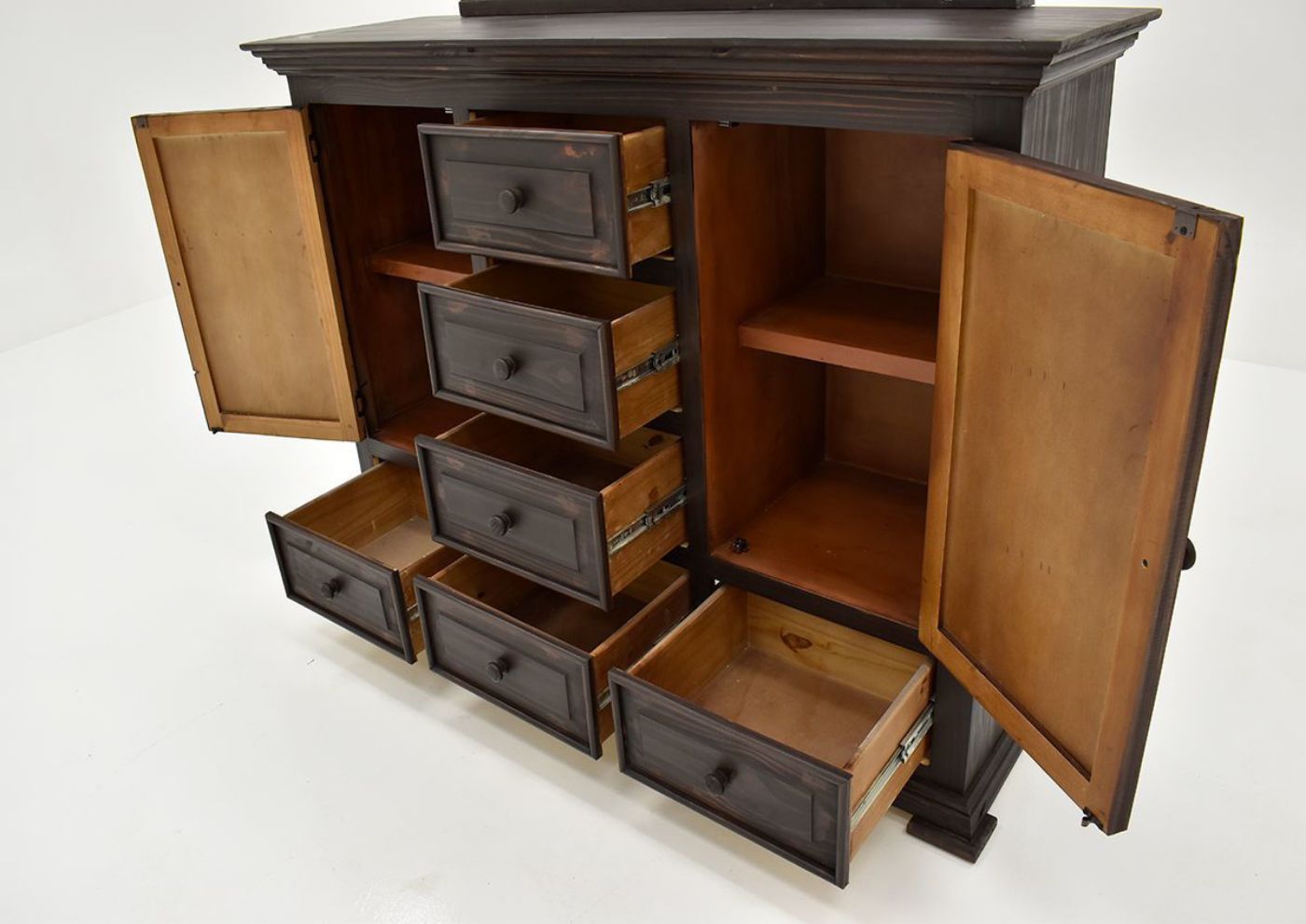 Dark Brown Chalet Dresser with Mirror Panel Bed by Vintage Furniture Showing the Angle View With Drawers and Doors Open Close Up | Home Furniture Plus Bedding