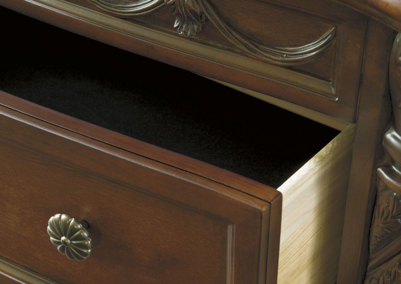 Warm Brown North Shore Nightstand by Ashley Furniture Showing the Felt Lined Drawer Interior  | Home Furniture Plus Bedding