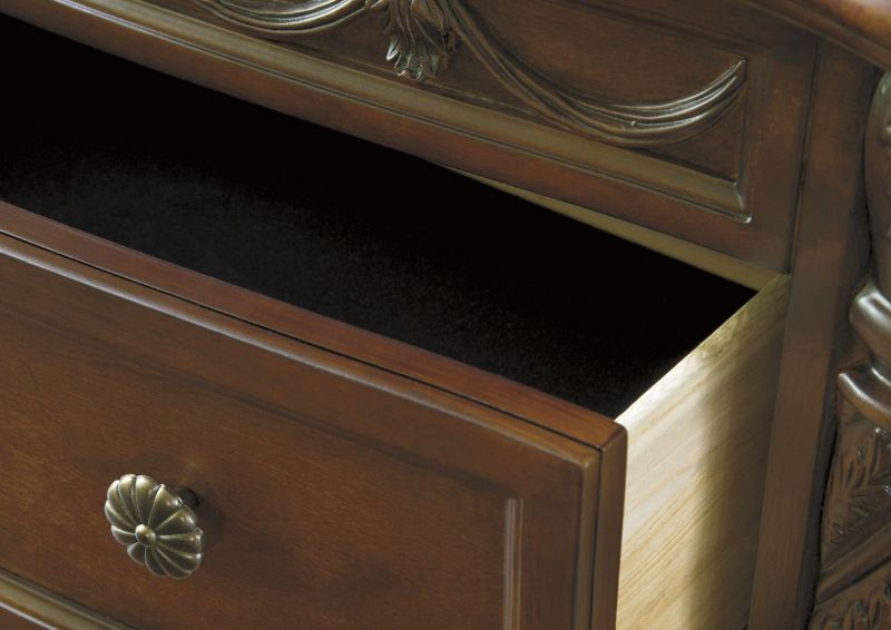 Warm Brown North Shore Nightstand by Ashley Furniture Showing the Felt Lined Drawer Interior  | Home Furniture Plus Bedding