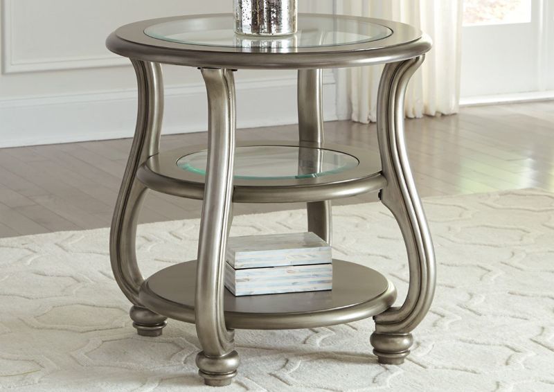 Metallic Silver Coralayne End Table by Ashley Furniture Showing the Room View | Home Furniture Plus Mattress