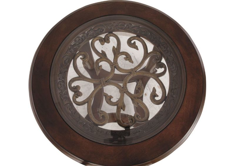 Brown Norcastle Round End Table by Ashley Furniture Showing the Decorative Glass Top | Home Furniture Plus Bedding