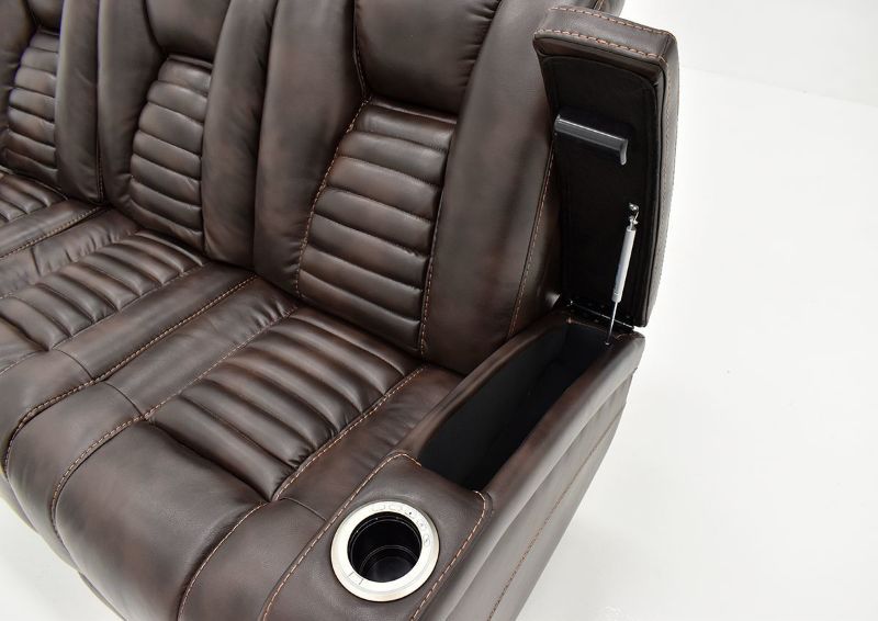 Close Up View of the Hidden Storage in the Arm Rest of the Dark Brown Milan POWER Reclining Sofa by Cheers Man Wah | Home Furniture Plus Bedding