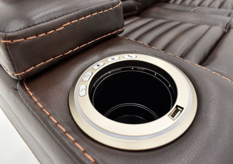 Close Up View of the Power Controls Around the Cup Holder on the Dark Brown Milan POWER Reclining Sofa by Cheers Man Wah | Home Furniture Plus Bedding