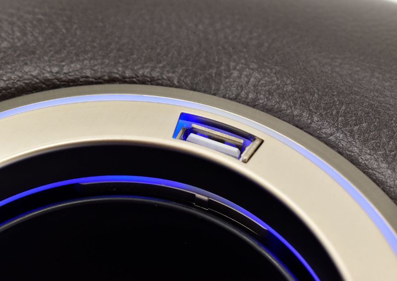 Close Up View of the USB Port on the Illuminated Cup Holder of the Dark Brown Milan POWER Reclining Sofa by Cheers Man Wah | Home Furniture Plus Bedding