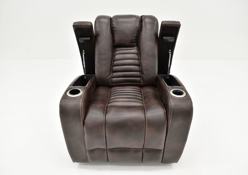 Front Facing View with Storage and Cup Holders on the Dark Brown Milan POWER Recliner by Cheers Man Wah | Home Furniture Plus Bedding