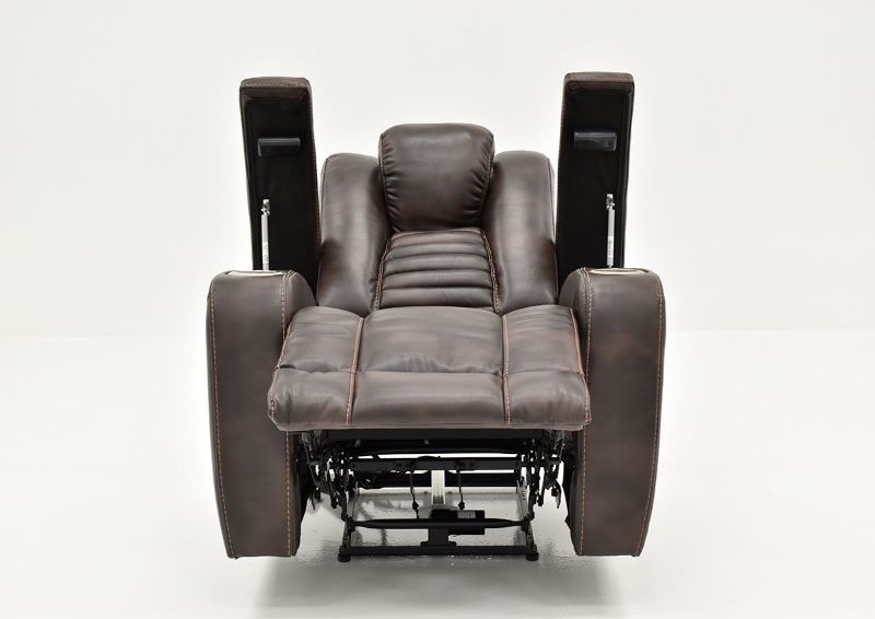 Fully Reclined Front Facing View with Storage and Cup Holders on the Dark Brown Milan POWER Recliner by Cheers Man Wah | Home Furniture Plus Bedding