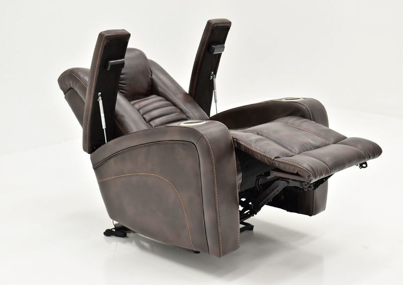Fully Reclined Slightly Angled Side View with Storage and Cup Holders on the Dark Brown Milan POWER Recliner by Cheers Man Wah | Home Furniture Plus Bedding