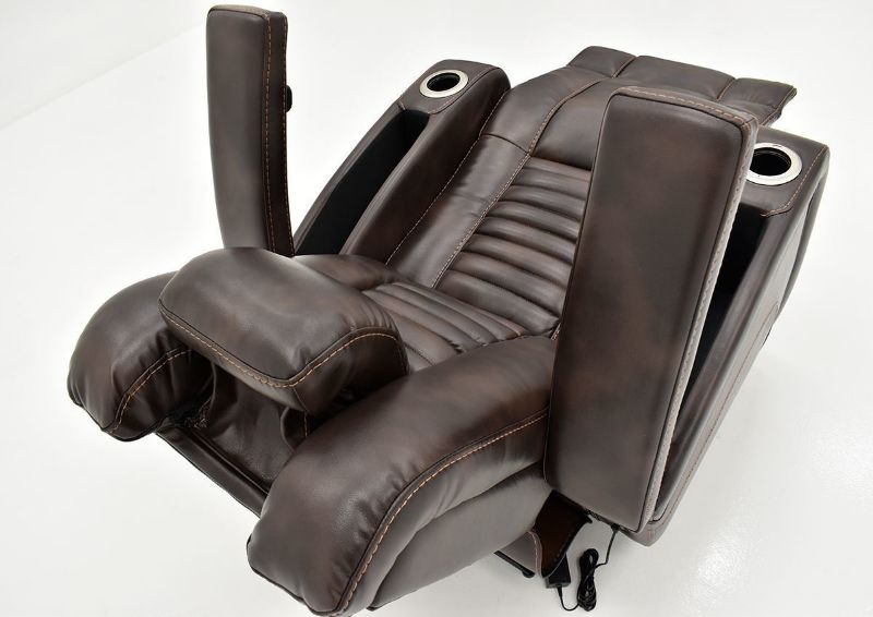 Fully Reclined Overhead View with Storage and Cup Holders on the Dark Brown Milan POWER Recliner by Cheers Man Wah | Home Furniture Plus Bedding