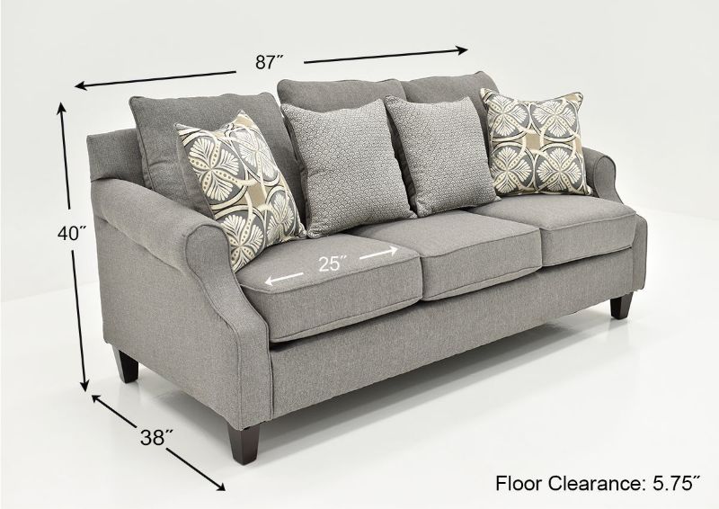 Gray Bay Ridge Sofa by Behold Showing the Dimensions, Made in the USA | Home Furniture Plus Bedding