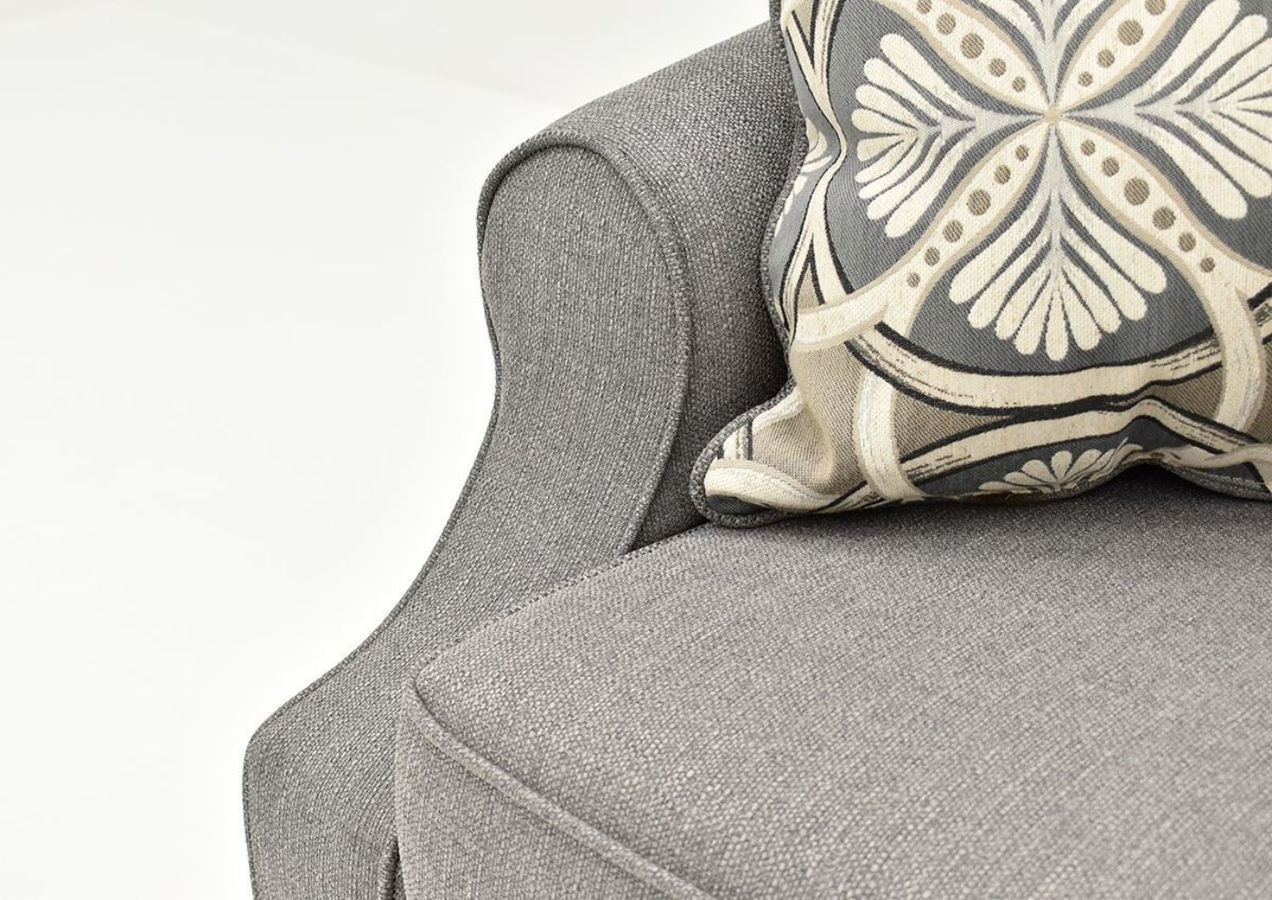 Gray Bay Ridge Sofa by Behold Showing the Rolled Arm Detail, Made in the USA | Home Furniture Plus Bedding
