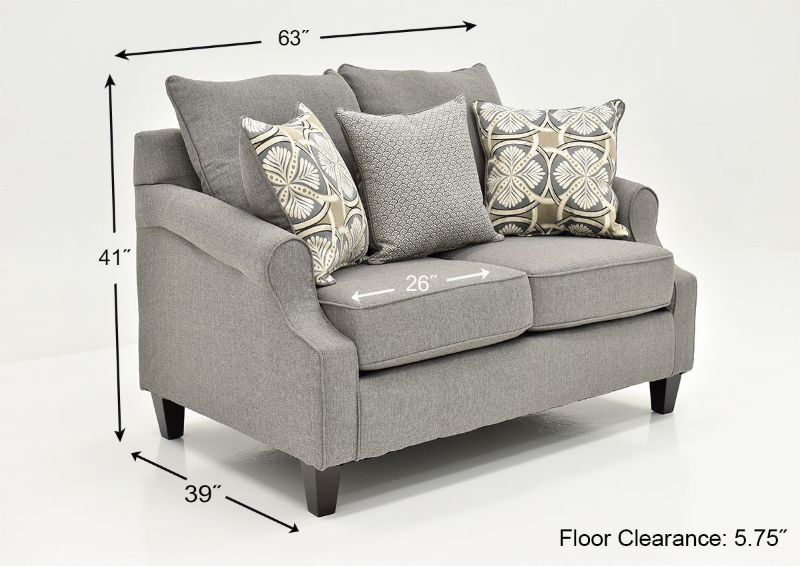 Gray Bay Ridge Loveseat by Behold Showing the Dimensions, Made in the USA | Home Furniture Plus Bedding
