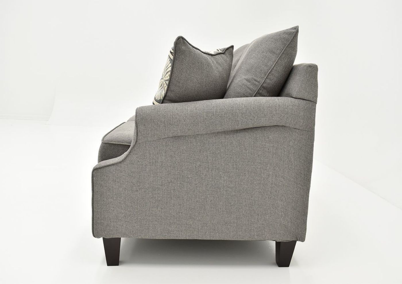 Gray Bay Ridge Loveseat by Behold Showing the Side View, Made in the USA | Home Furniture Plus Bedding