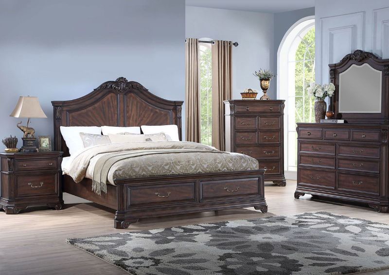 Cherry Brown Devonshire King Size Panel Bedroom Set by Avalon Showing the Room View | Home Furniture Plus Bedding