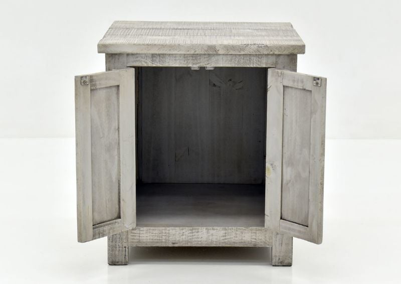 Gray San Andres End Table by International Furniture Showing the Front View With the Doors Open | Home Furniture Plus Bedding