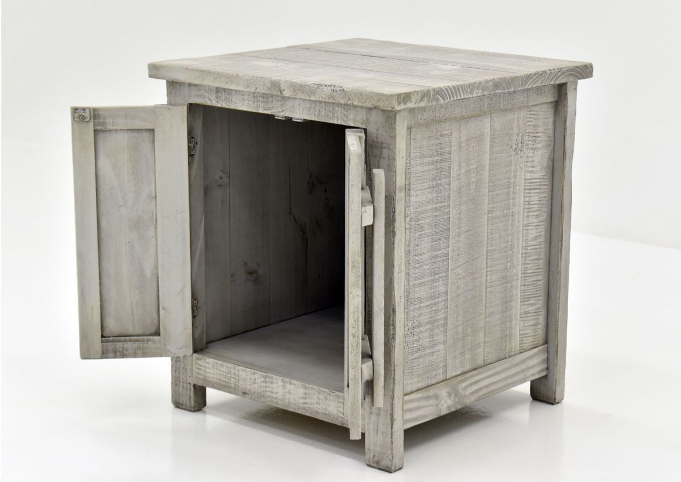 Gray San Andres End Table by International Furniture Showing the Angle View With the Doors Open | Home Furniture Plus Bedding