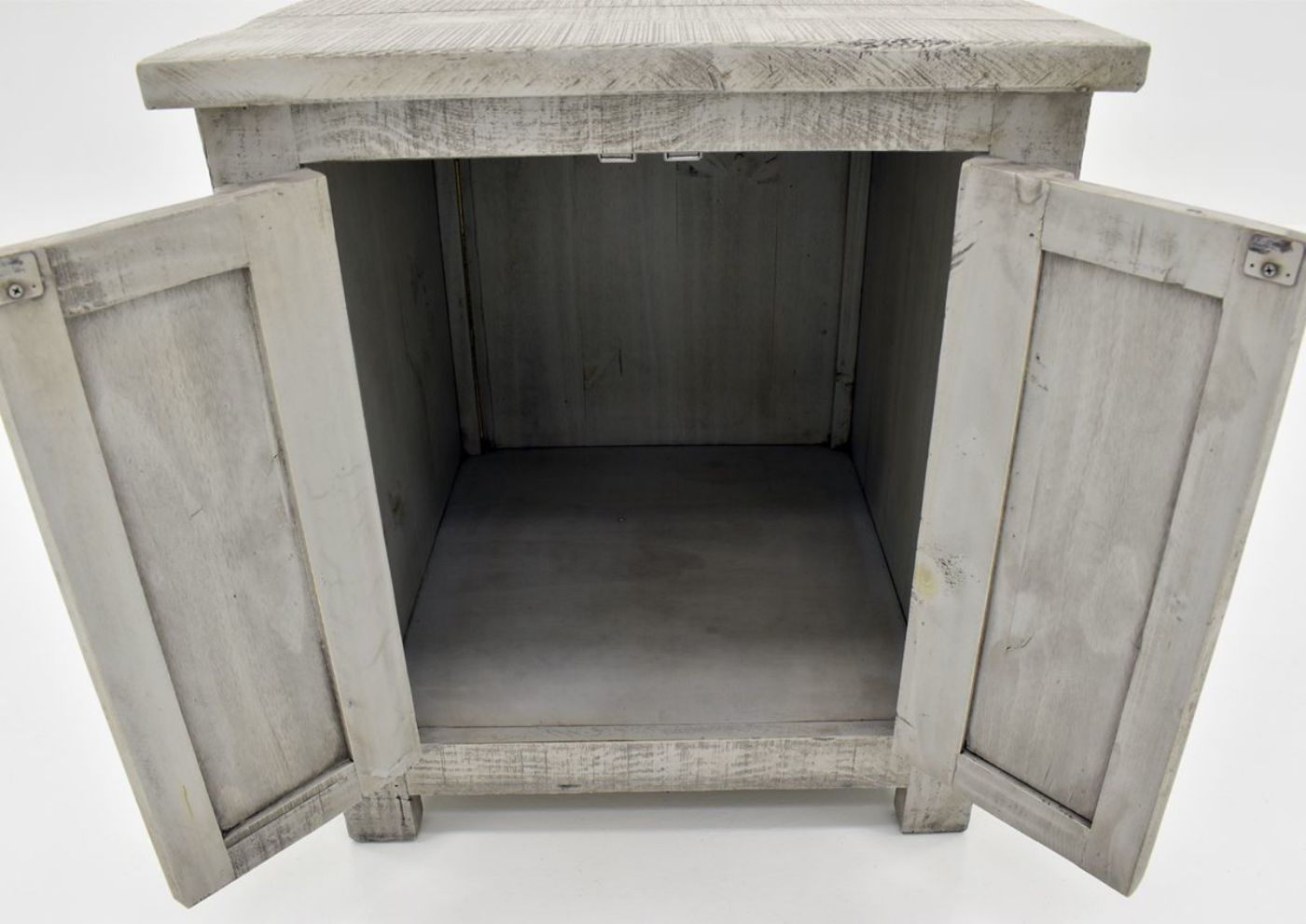 Gray San Andres End Table by International Furniture Showing a Closer Front View With the Doors Open | Home Furniture Plus Bedding