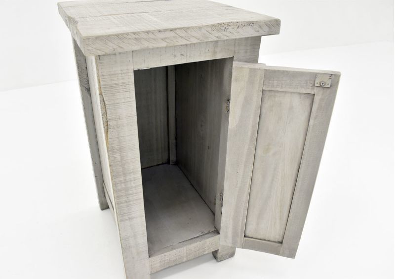 Gray San Andres Chairside End Table by International Furniture Showing a Close Up Angle View With the Door Open | Home Furniture Plus Bedding