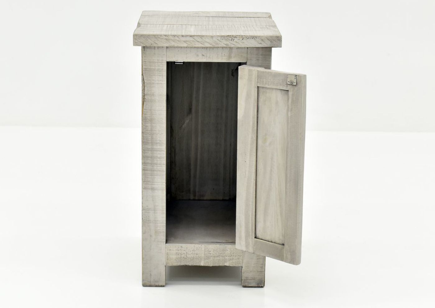 Gray San Andres Chairside End Table by International Furniture Showing the Front View With the Door Open | Home Furniture Plus Bedding