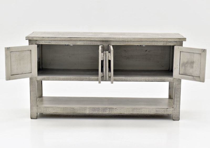 Gray San Andres Sofa Table by International Furniture Showing the Front View With The Cabinet Doors Open | Home Furniture Plus Bedding