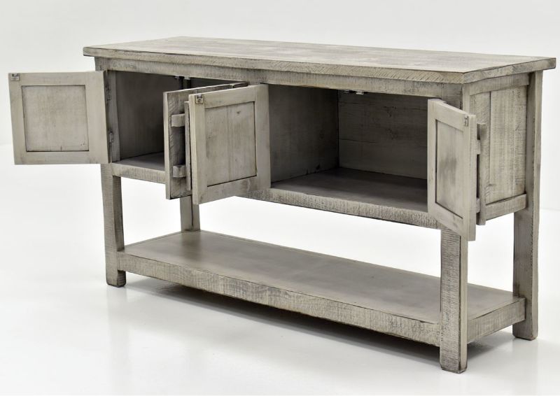 Gray San Andres Sofa Table by International Furniture Showing the Angle View With The Cabinet Doors Open | Home Furniture Plus Bedding