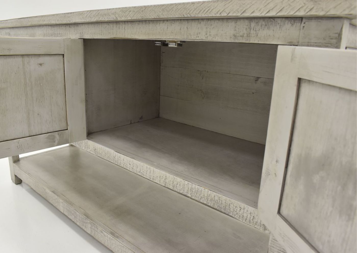 Gray San Andres Sofa Table by International Furniture Showing the Cabinet Interior | Home Furniture Plus Bedding