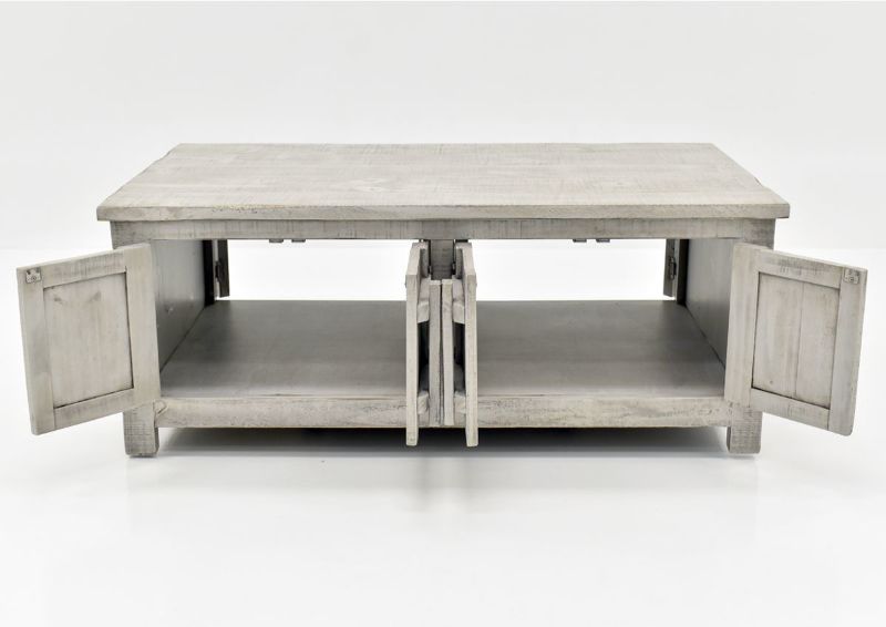 Gray San Andres Coffee Table by International Furniture Showing the Front View With The Doors on Both Sides Open | Home Furniture Plus Bedding