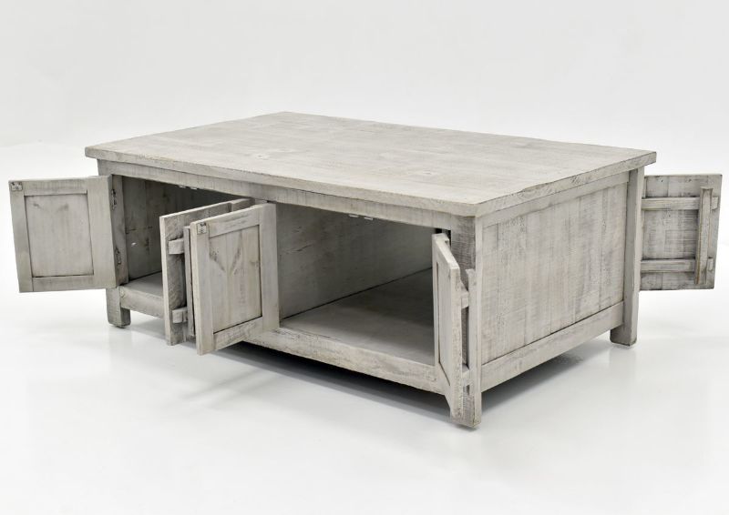 Gray San Andres Coffee Table by International Furniture Showing the Angle View With The Doors on Both Sides Open | Home Furniture Plus Bedding