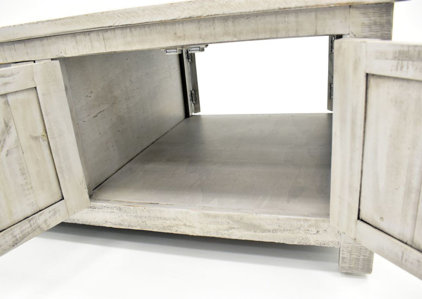 Gray San Andres Coffee Table by International Furniture Showing the Cabinet Interior With the Doors on Both Sides Open | Home Furniture Plus Bedding
