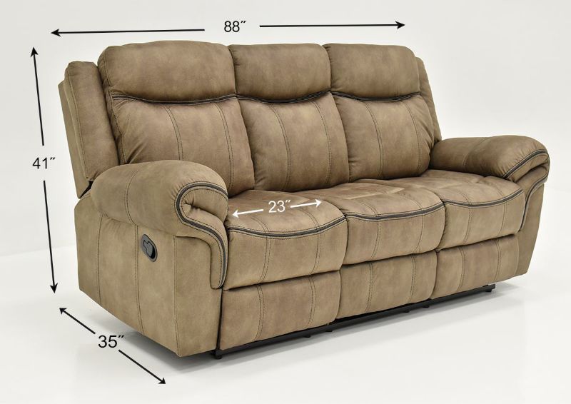 Brown Sorrento Reclining Sofa By Lane Furniture Showing the Dimensions | Home Furniture Plus Bedding