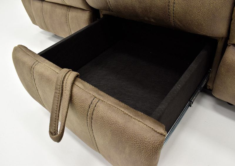 Brown Sorrento Reclining Sofa By Lane Furniture Showing the Storage Drawer | Home Furniture Plus Bedding