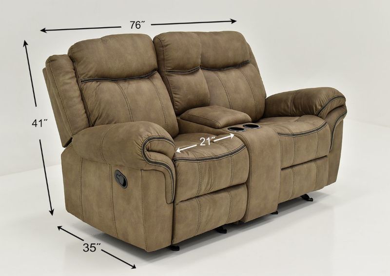 Brown Sorrento Reclining Glider Loveseat By Lane Furniture Showing the Dimensions | Home Furniture Plus Bedding