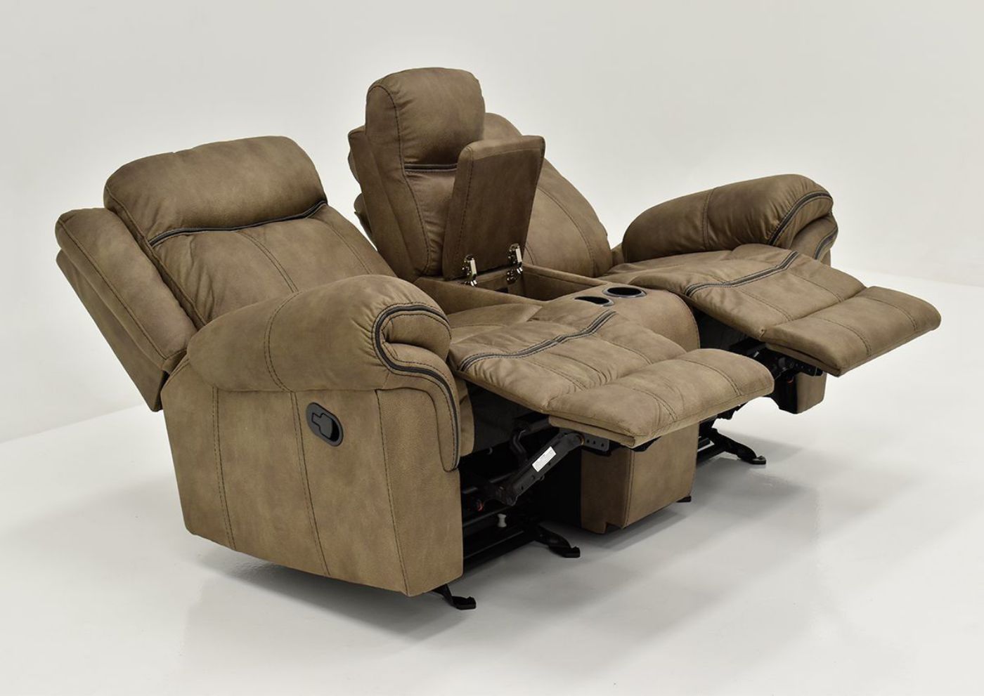 Brown Sorrento Reclining Glider Loveseat By Lane Furniture Showing the Angle View in a Fully Reclined Position | Home Furniture Plus Bedding