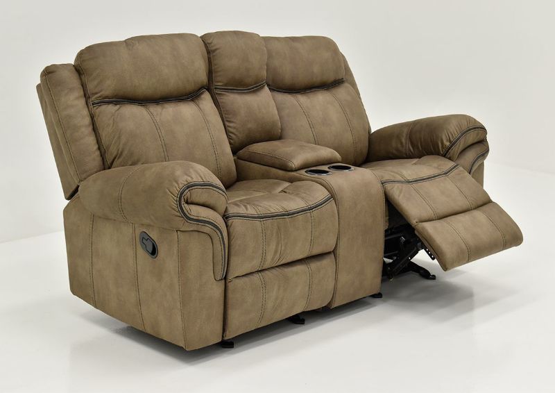 Brown Sorrento Reclining Glider Loveseat By Lane Furniture Showing the Angle View With One Recliner Open | Home Furniture Plus Bedding