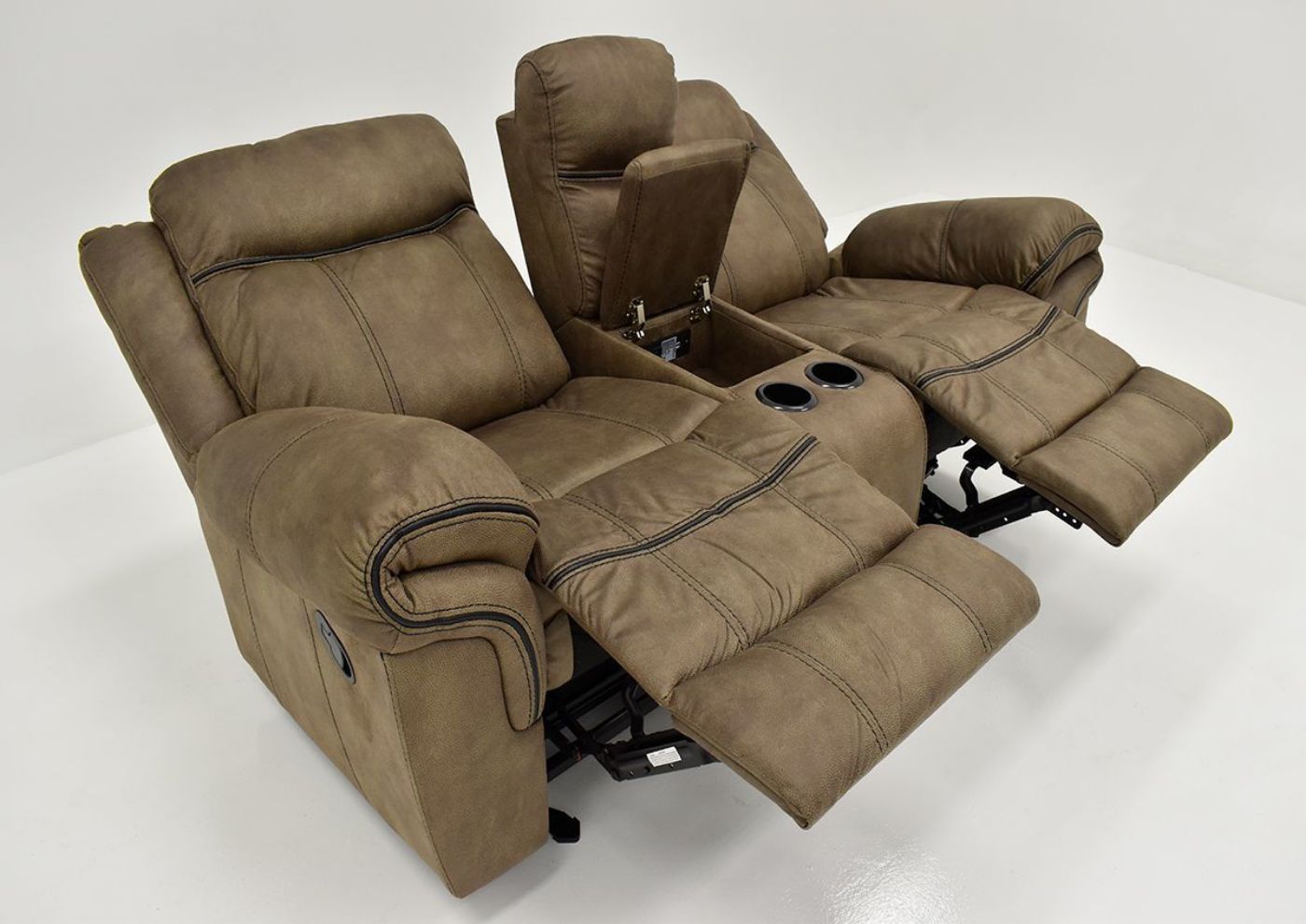 Brown Sorrento Reclining Glider Loveseat By Lane Furniture Showing the Angle View in a Fully Reclined Position | Home Furniture Plus Bedding