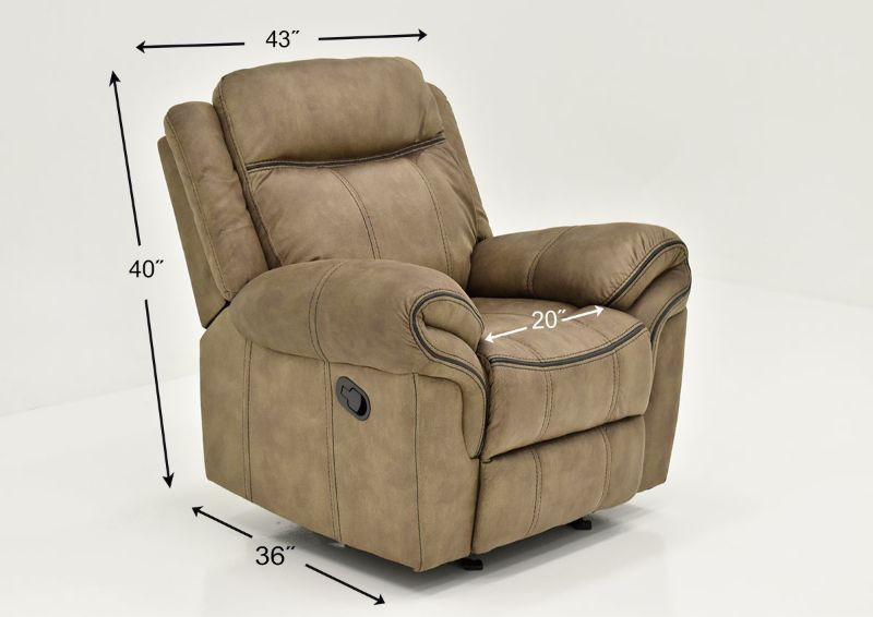 Brown Sorrento Glider Recliner By Lane Furniture Showing the Dimensions | Home Furniture Plus Bedding