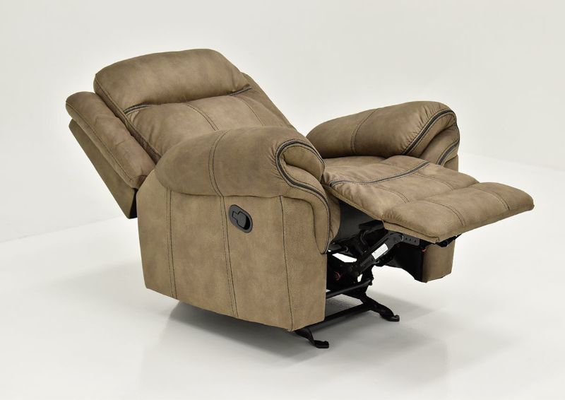 Brown Sorrento Glider Recliner By Lane Furniture Showing the Angle View in a Fully Reclined Position | Home Furniture Plus Bedding