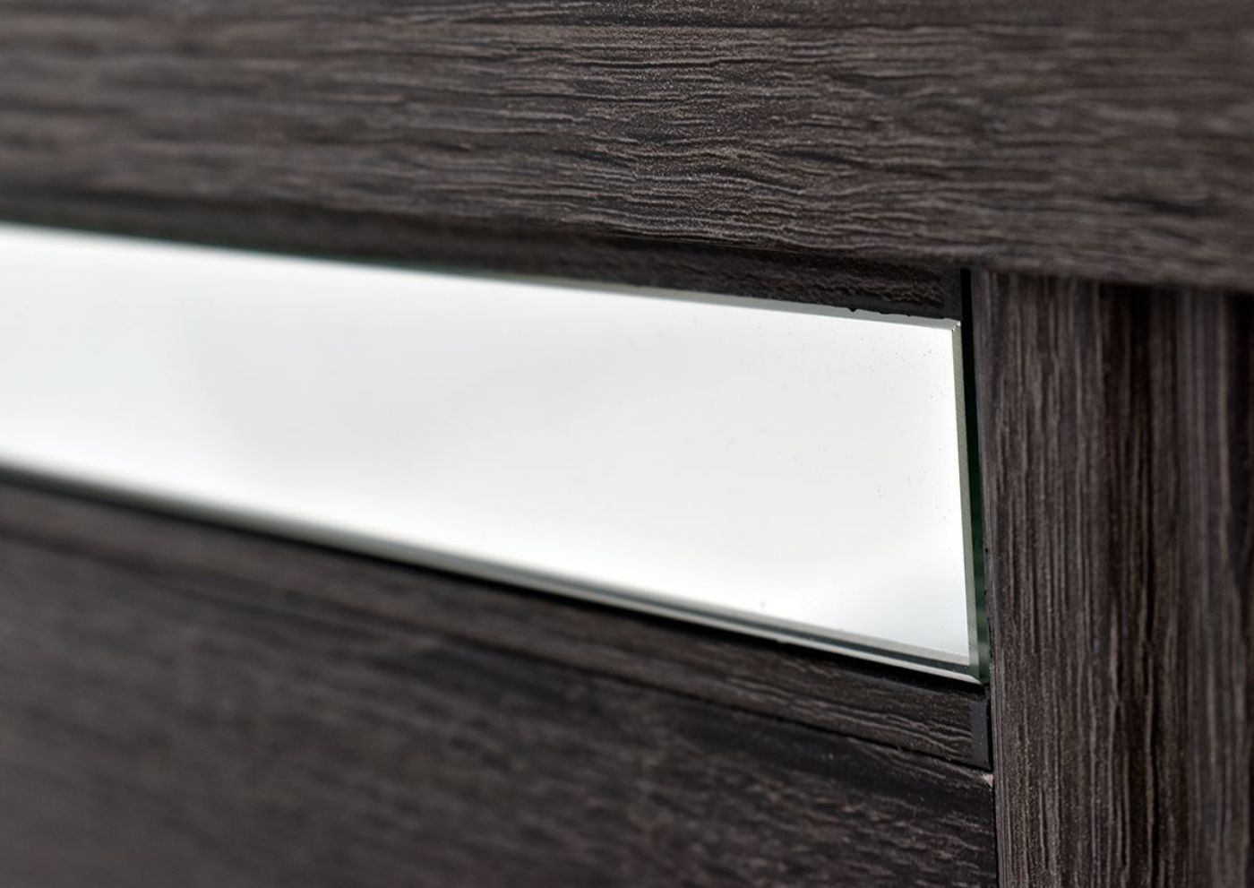 Gaston Queen Size Bed by Crown Mark in Gray Finish headboard close up view of mirror detail | Home Furniture Plus Bedding