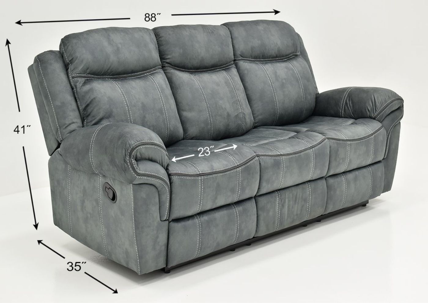 Gray Sorrento Reclining Sofa By Lane Furniture Showing the Dimensions | Home Furniture Plus Bedding