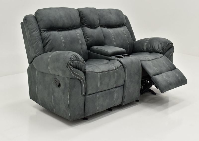 Gray Sorrento Reclining Glider Loveseat By Lane Furniture Showing the Angle View With One Recliner Open | Home Furniture Plus Bedding