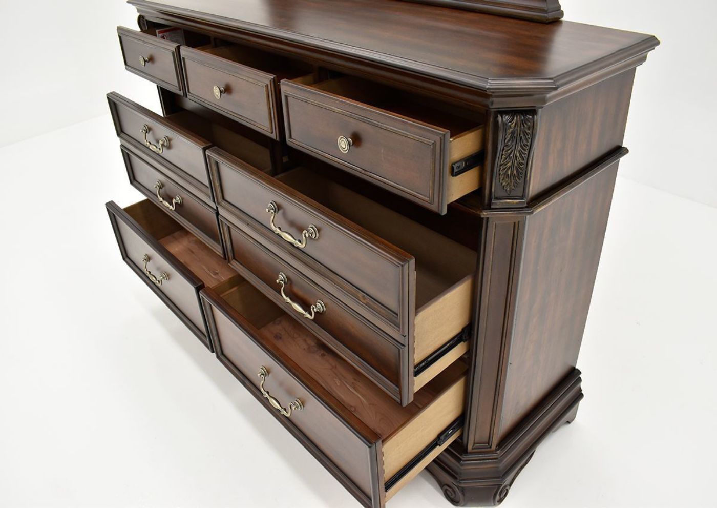Cherry Brown Devonshire Dresser with Mirror by Avalon Showing the  Angle View With The Drawers Open | Home Furniture Plus Bedding