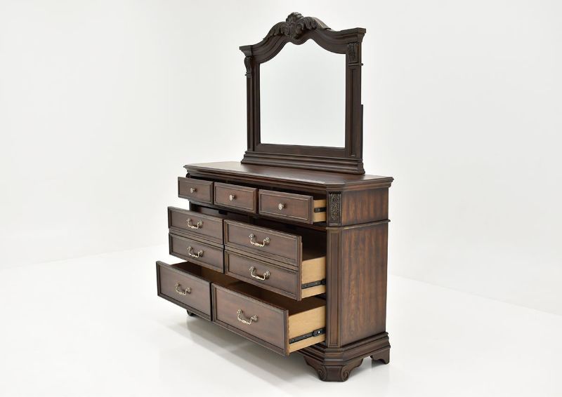Cherry Brown Devonshire Dresser with Mirror by Avalon Showing the  Angle View With The Drawers Open | Home Furniture Plus Bedding