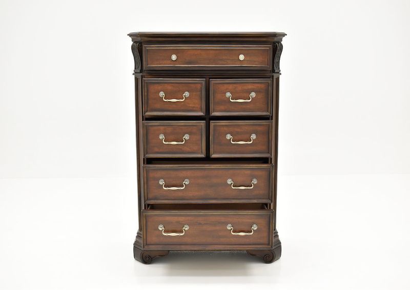 Cherry Brown Devonshire Chest of Drawers by Avalon Showing the Front View With the Drawers Open | Home Furniture Plus Bedding