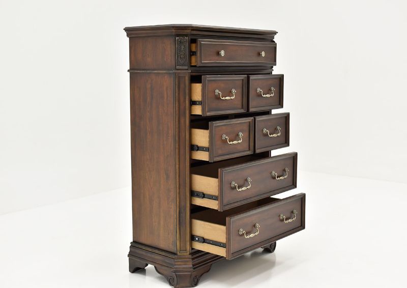 Cherry Brown Devonshire Chest of Drawers by Avalon Showing the Angle View With the Drawers Open | Home Furniture Plus Bedding