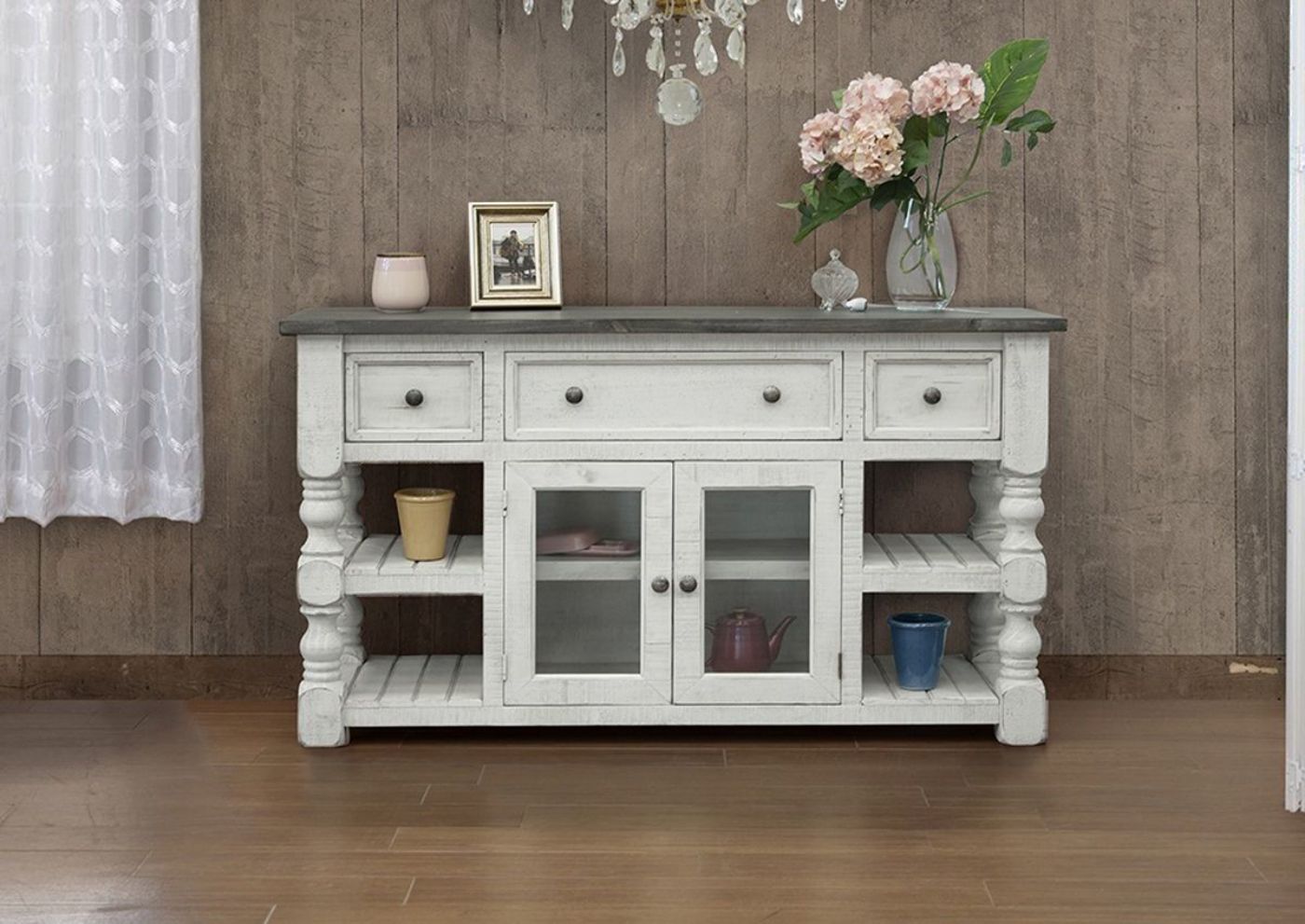 Off White Stone 60 Inch TV Stand by International Furniture Showing the Room View | Home Furniture Plus Bedding