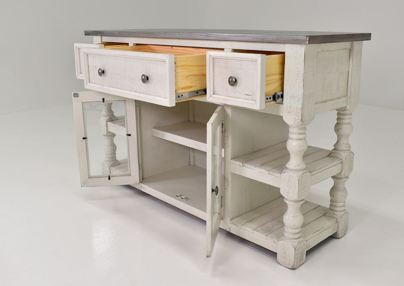 Off White Stone 60 Inch TV Stand by International Furniture Showing the Angle View With the Drawers and Cabinet Open | Home Furniture Plus Bedding